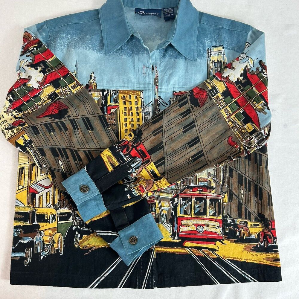 Artscapes Light‎ Denim Jean Jacket San Francisco All-Over Print Size Small EUC - Picture 10 of 11